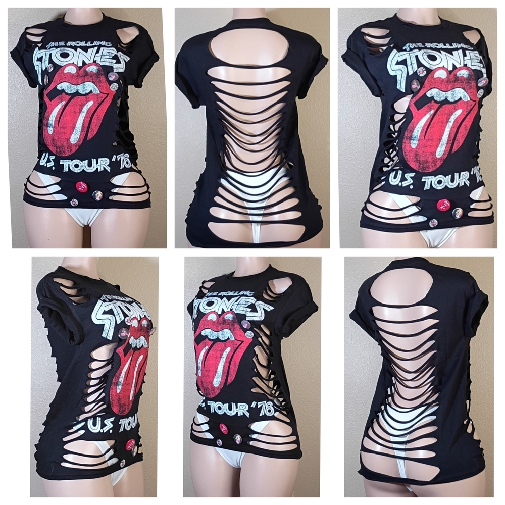 the Rolling Stones Black Tee with Red Tongue Graphic and White Tour Text